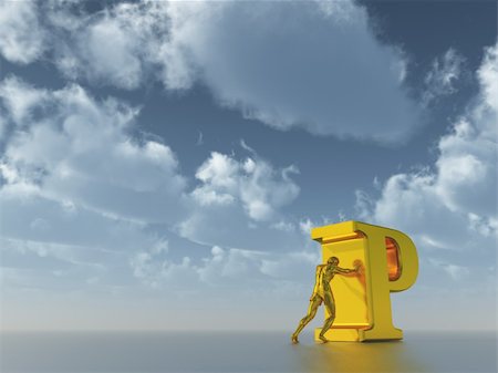 simsearch:400-04658415,k - golden man figure pushes the letter p under cloudy blue sky  - 3d illustration Foto de stock - Royalty-Free Super Valor e Assinatura, Número: 400-05210910