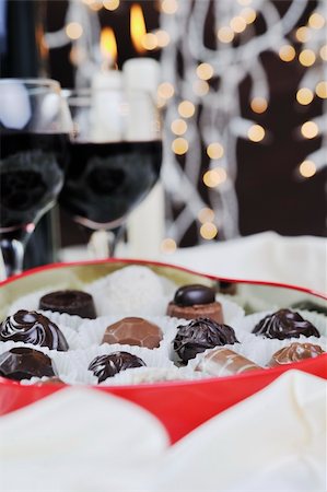 luxury and sweet praline and chocolate with wine bottle and glasses  decoration Stock Photo - Budget Royalty-Free & Subscription, Code: 400-05211826