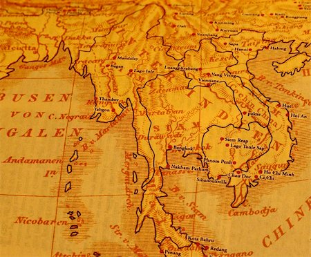 simsearch:400-05260934,k - Old map of the south east asia, once called Siam. Including Thailand, Myanmar, Laos, Vietnam, Cambodia and a part of Yunnan region in China, Bangladesh and India. Stock Photo - Budget Royalty-Free & Subscription, Code: 400-05224877