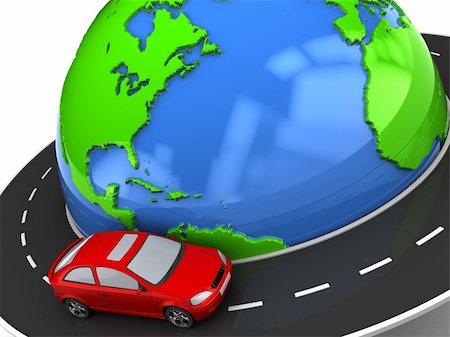 roadtrip gps - 3d illustration of road around earth with red car Stock Photo - Budget Royalty-Free & Subscription, Code: 400-05225705
