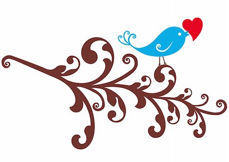 blue bird with red heart, sitting on ornamental branch , vector background Photographie de stock - Aubaine LD & Abonnement, Code: 400-05227544