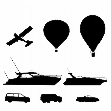 hot air ballon, car, ship and airplane silhouette,  vector illustration Stock Photo - Budget Royalty-Free & Subscription, Code: 400-05227564