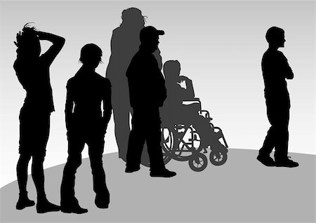 simsearch:400-07976358,k - Vector graphic disabled and women on a walk. Silhouettes of people Stock Photo - Budget Royalty-Free & Subscription, Code: 400-05228480