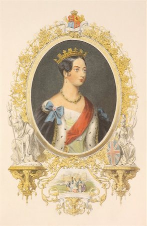 fancy crowns imaged - Queen Victoria (1819-1901) on hand colored engraving from the 1800s. Queen of Great Britain during 1837-1901. Stock Photo - Budget Royalty-Free & Subscription, Code: 400-05228876