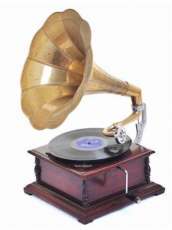 phonographe - retro old gramophone for playing music over plates  isolated on white in studio Photographie de stock - Aubaine LD & Abonnement, Code: 400-05229853