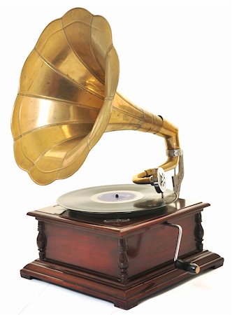 retro old gramophone with horn speaker  for playing music over plates  isolated on white in studio Foto de stock - Super Valor sin royalties y Suscripción, Código: 400-05229944