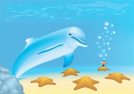 fish clip art to color - Newbie diver is looking at a dolphin and sea-stars underwater Stock Photo - Budget Royalty-Free & Subscription, Code: 400-05220802