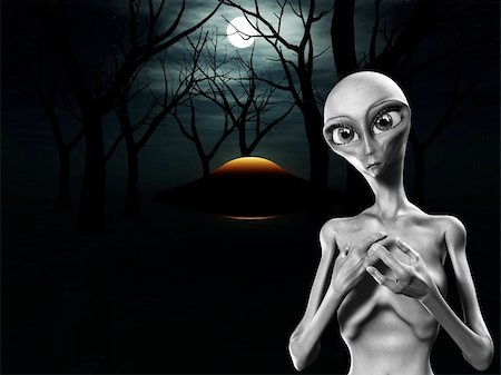 An alien and a UFO in a dark forest. Stock Photo - Budget Royalty-Free & Subscription, Code: 400-05222320