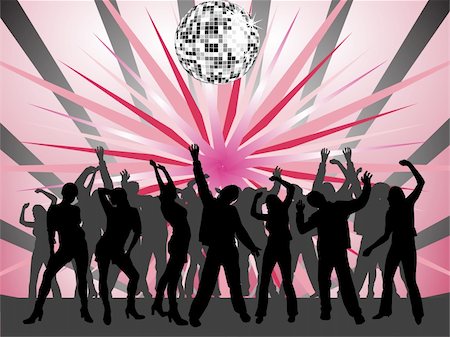 vector eps illustration of dancing people silhouettes under a silver mirror ball Photographie de stock - Aubaine LD & Abonnement, Code: 400-05235900