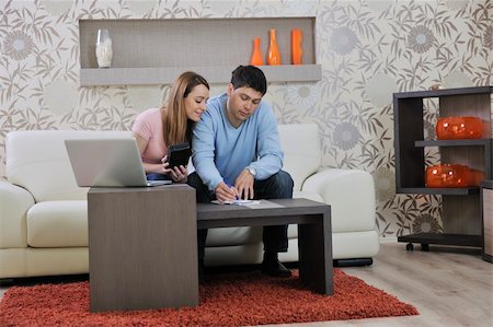 young couple at home with  modern living room indoor working on laptop on house finance and planing Stock Photo - Budget Royalty-Free & Subscription, Code: 400-05238116