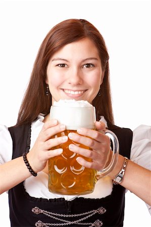 dimple mug - /Portrait of happy Bavarian woman with Oktoberfest beer stein. Isolated on white background. Stock Photo - Budget Royalty-Free & Subscription, Code: 400-05239903