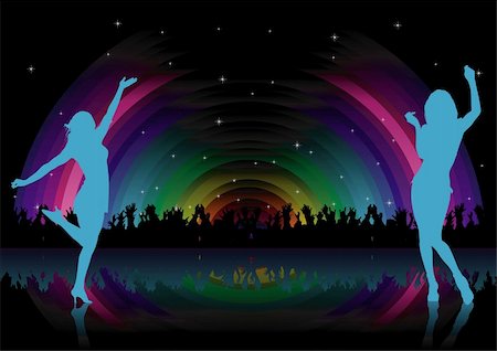 people dancing in night club with arms in air - Rainbow Dance Party - background illustration, vector Stock Photo - Budget Royalty-Free & Subscription, Code: 400-05230994