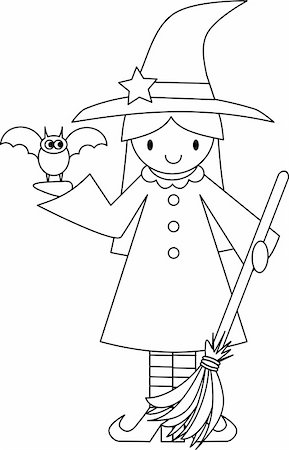 simsearch:400-05244668,k - Black and White Illustration of a Witch holding a Bat and a Broom Stock Photo - Budget Royalty-Free & Subscription, Code: 400-05244490