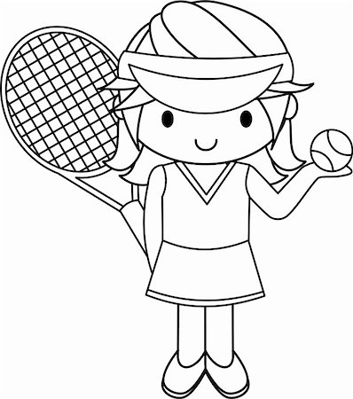 simsearch:400-05244668,k - Black and White Illustration of a girl with a Tennis Racket and Ball Stock Photo - Budget Royalty-Free & Subscription, Code: 400-05244672