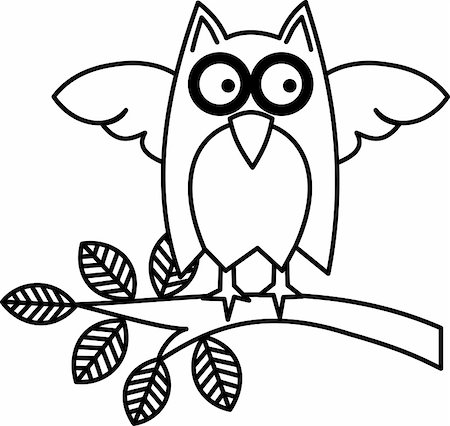 simsearch:400-05244668,k - Black and White illustration of an Owl sitting on a branch Stock Photo - Budget Royalty-Free & Subscription, Code: 400-05244694
