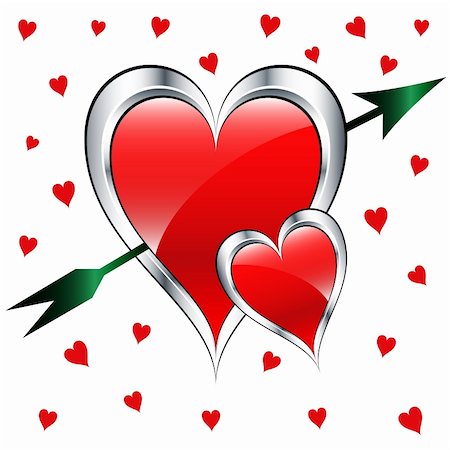 simsearch:400-04665936,k - Valentine day love hearts in silver and red with a green arrow set on a white background with small red hearts. Stock Photo - Budget Royalty-Free & Subscription, Code: 400-05244839