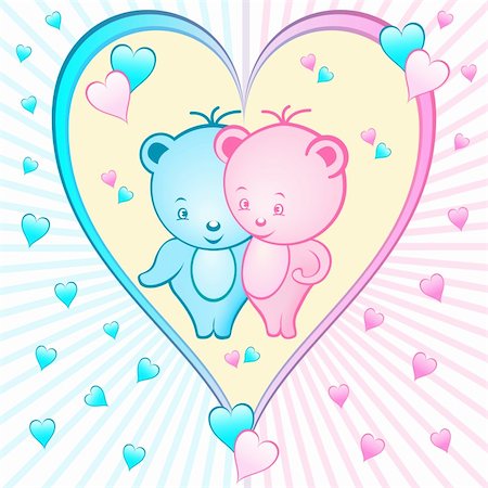 Cute bear cartoon characters set inside a large pink and blue love heart shape, sunburst background with small hearts Stock Photo - Budget Royalty-Free & Subscription, Code: 400-05245231