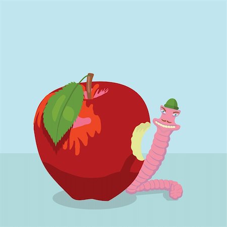 Worm with a crafty face eats an  red apple and smiling from ear to ear .All  items are on separate layers. Easy to process . Photographie de stock - Aubaine LD & Abonnement, Code: 400-05247005