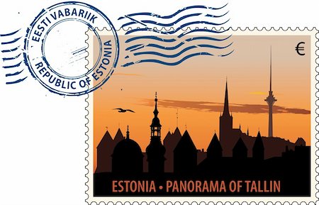 Vector postmark with Tallinn cityscape at sunset Stock Photo - Budget Royalty-Free & Subscription, Code: 400-05247119