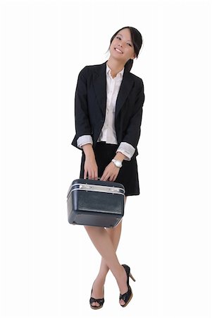 simsearch:400-04255437,k - Smiling business girl with tool box, full length portrait on white background. Foto de stock - Super Valor sin royalties y Suscripción, Código: 400-05249111