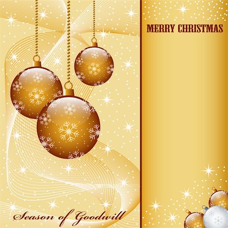 simsearch:400-05359450,k - Christmas scene with hanging ornamental gold balls, snowflakes, stars and snow. Copy space for text. Stock Photo - Budget Royalty-Free & Subscription, Code: 400-05249444