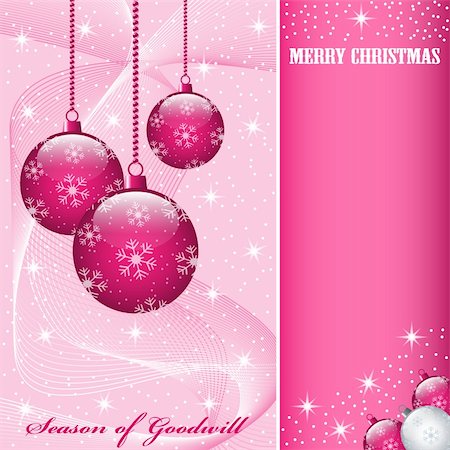 Christmas scene with hanging ornamental pink balls, snowflakes, stars and snow. Copy space for text. Photographie de stock - Aubaine LD & Abonnement, Code: 400-05249445