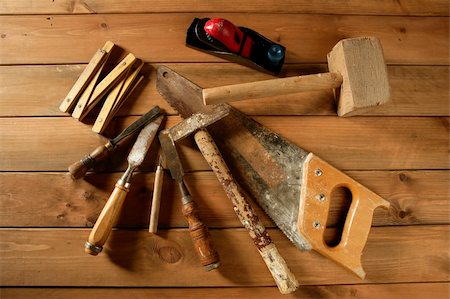 carpenter craftman hand tools saw hammer wood tape plane gouge Stock Photo - Budget Royalty-Free & Subscription, Code: 400-05240199