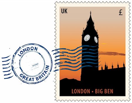 philately - Postmark with night sight of London Big Ben tower Photographie de stock - Aubaine LD & Abonnement, Code: 400-05241503