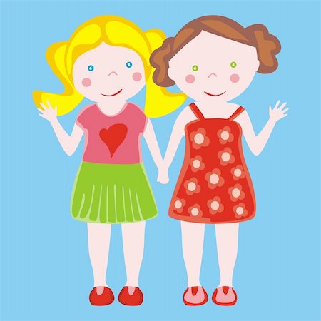 fully editable vector illustration of two little girls waving Stock Photo - Budget Royalty-Free & Subscription, Code: 400-05241955