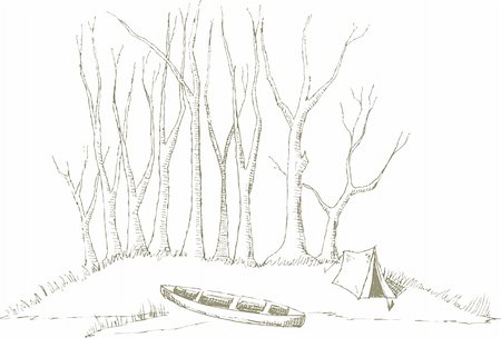 Pen and ink style illustration of a canoe sitting at camp. Foto de stock - Super Valor sin royalties y Suscripción, Código: 400-05242603