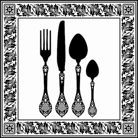 fork and spoon frame - Retro silhouettes of  fork, spoon and knife with ornaments. Food design, menu of restaurant card. Full scalable vector graphic included Eps v8 and 300 dpi JPG. Stock Photo - Budget Royalty-Free & Subscription, Code: 400-05242732