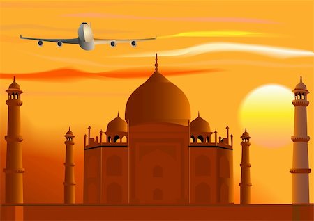 silhouettes indian monuments - Vector Taj Mahal, sunset, jet. Used gradients and blends. Stock Photo - Budget Royalty-Free & Subscription, Code: 400-05243799