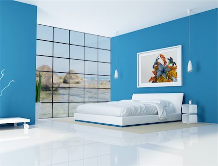 seaside home interior - blue bedroom of a beach villa - rendering - the art picture on wall is a my rendering composition,background is a my photo Stock Photo - Budget Royalty-Free & Subscription, Code: 400-05254001