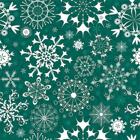 simsearch:400-04709734,k - Christmas Seamless green pattern with white and blue snowflakes (vector) Stock Photo - Budget Royalty-Free & Subscription, Code: 400-05254085