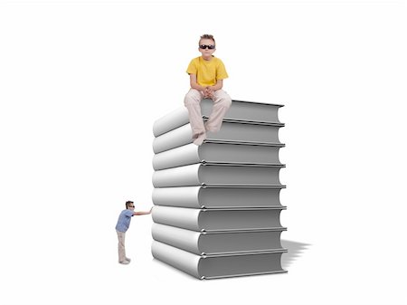 simsearch:400-08429355,k - Boy pushing pile of white books and one boy sit on top of books over white background Photographie de stock - Aubaine LD & Abonnement, Code: 400-05254227