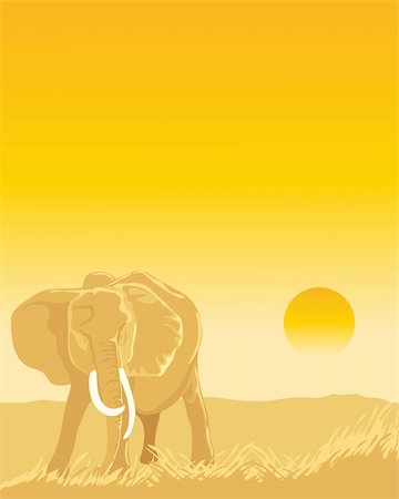 a hand drawn illustration of an african elephant in grasslands with a sun setting in the distance Stock Photo - Budget Royalty-Free & Subscription, Code: 400-05254311