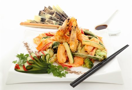 simsearch:400-05255035,k - Japanese fried tempura with shrimp and vegetables with zucchini garnish. Stock Photo - Budget Royalty-Free & Subscription, Code: 400-05255034