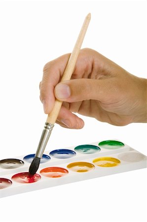 watercolors and hand with a paintbrush on a white background Foto de stock - Super Valor sin royalties y Suscripción, Código: 400-05255181