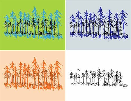 four seasons color - A hand drawn pine forest scene with seasonal colors and plain black. Stock Photo - Budget Royalty-Free & Subscription, Code: 400-05256039