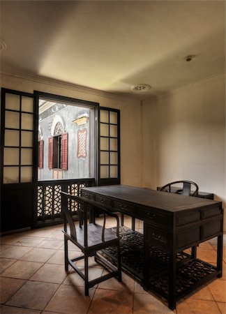simsearch:400-04676820,k - Architecture of Chinese room, interior with wooden chair and desk and windows. Photographie de stock - Aubaine LD & Abonnement, Code: 400-05258481