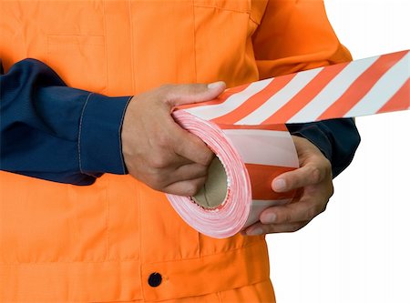 simsearch:400-08187897,k - Worker stretch warning tape isolated on white Stock Photo - Budget Royalty-Free & Subscription, Code: 400-05258769