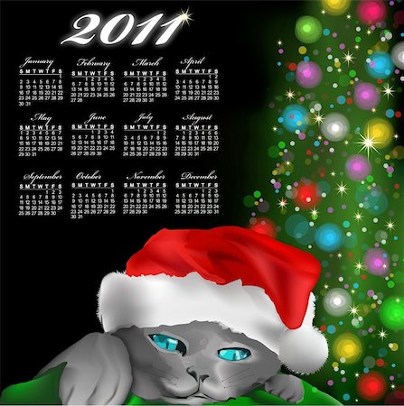 simsearch:400-06207389,k - Calendar with cat with red New Year's cap. Vector illustration Photographie de stock - Aubaine LD & Abonnement, Code: 400-05259594