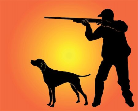 Black silhouette of the hunter with a dog on an orange background Photographie de stock - Aubaine LD & Abonnement, Code: 400-05250303