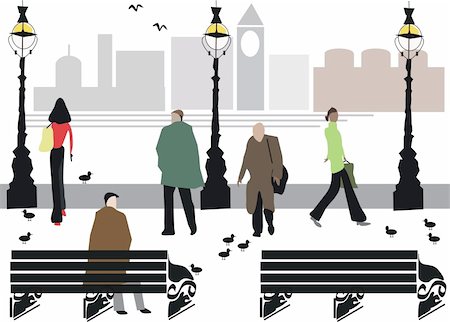 Stylized illustration of people walking and sitting along London Embankment area. Stock Photo - Budget Royalty-Free & Subscription, Code: 400-05251048