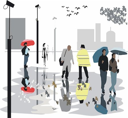 puddle in the rain - Vector illustration of pedestrians walking through rainy city streets. Stock Photo - Budget Royalty-Free & Subscription, Code: 400-05251049