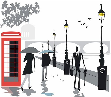 Vector illustration of people with umbrellas walking along the Embankment, London England. Stock Photo - Budget Royalty-Free & Subscription, Code: 400-05251050