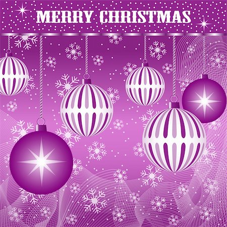 Christmas scene with hanging ornamental purple plain and striped xmas balls, snowflakes and snow. Photographie de stock - Aubaine LD & Abonnement, Code: 400-05251469