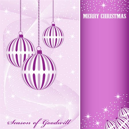 simsearch:400-05739036,k - Christmas scene with hanging ornamental purple striped xmas balls, snowflakes, stars and snow. Copy space for text. Photographie de stock - Aubaine LD & Abonnement, Code: 400-05251471