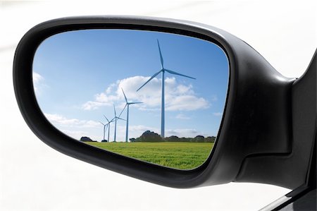 rearview car driving mirror view windmills electric aerogenerators Stock Photo - Budget Royalty-Free & Subscription, Code: 400-05251513