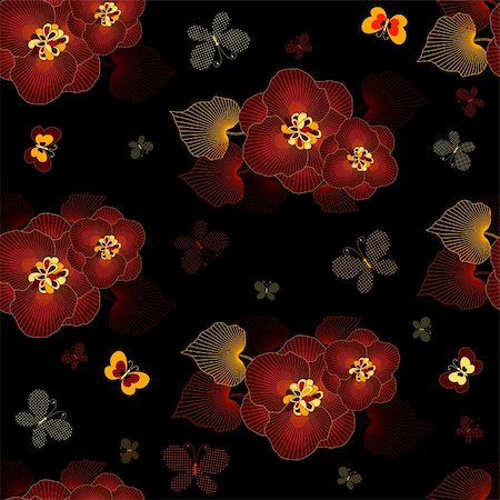 simsearch:400-04279579,k - Seamless black floral pattern with red-golden filigree flowers and  butterflies (vector) Stock Photo - Budget Royalty-Free & Subscription, Code: 400-05251684